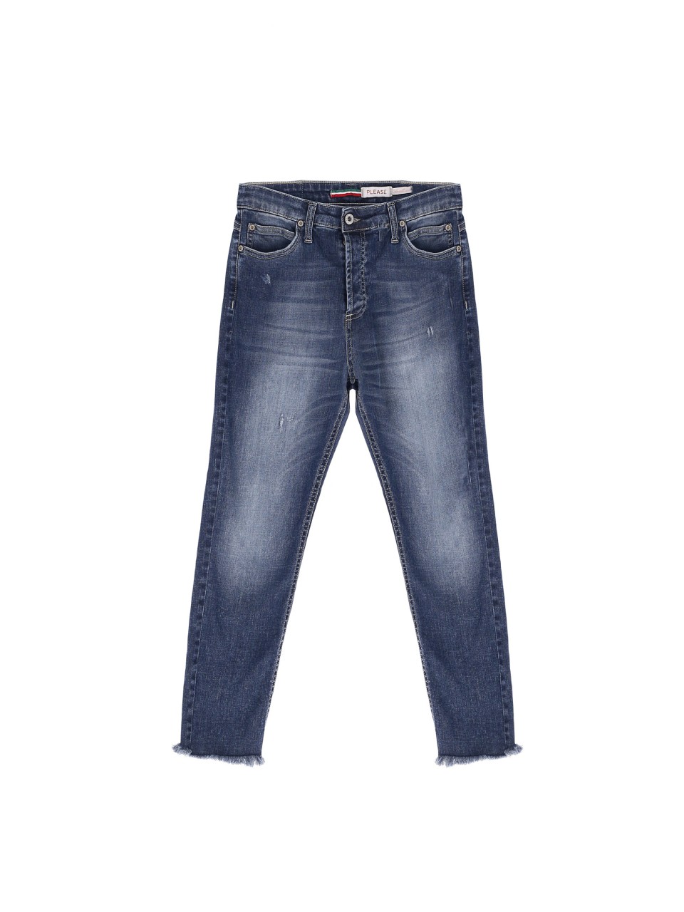 Please Femme jean longueur 7 8 en denim de coton bleu sable et use avec ourlets a franges