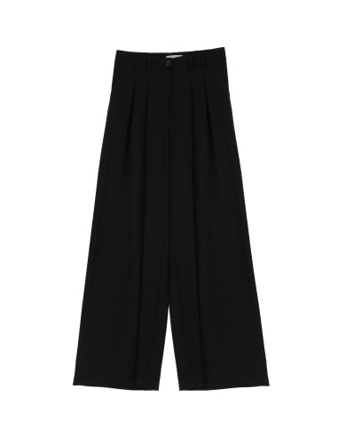 Please Femme pantalon à doubles pinces et jambes évasées en crêpe fluide coloris noir et marine