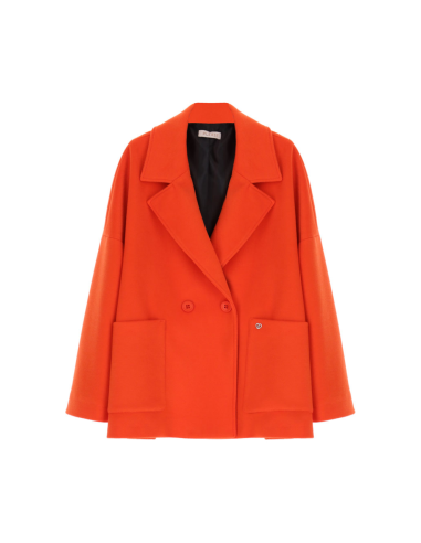 Please Femme, manteau court croisé, oversized, en drap coloris Arancio (orange)