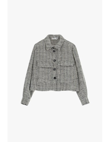 Please femme, veste courte en tweed à fils or coloris bianco/nero