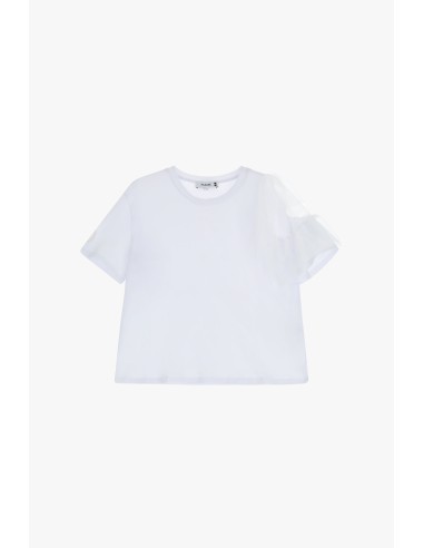 Please Femme tshirt à col rond, une manche tulle en coton élasthanne blanc