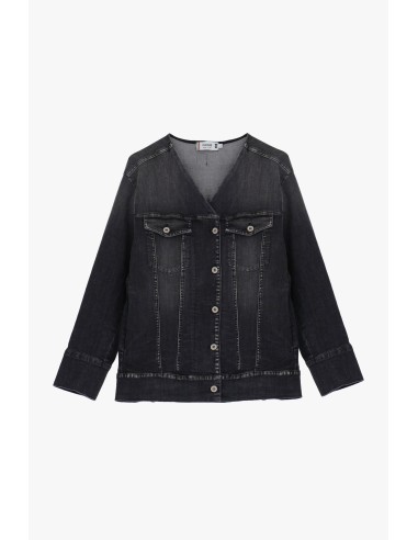 Please Femme blouson jean denim noir sans col