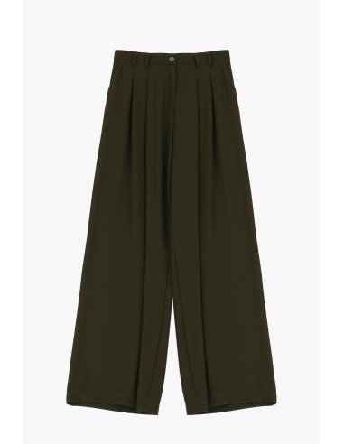 Please Femme pantalon à doubles pinces et jambes évasées en crêpe fluide coloris Kaki (loden)