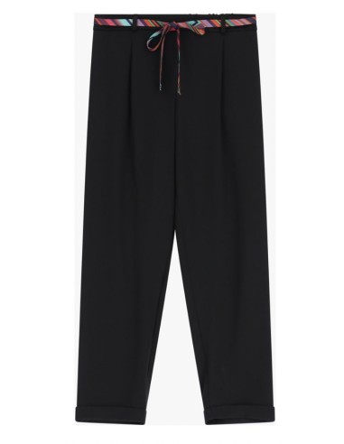 Please Femme pantalon forme carotte a taille elastiquée ceinturée en crepe fluide noir