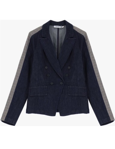 Please femme blazer cintré bi-matière en denim coton brut coloris bleu ganses épaules et manches Prince de Galles