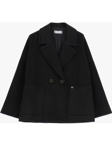 Please Femme, manteau court croisé, oversized, en drap coloris noir