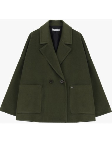 Please Femme, manteau court croisé, oversize, en drap coloris verde scuro