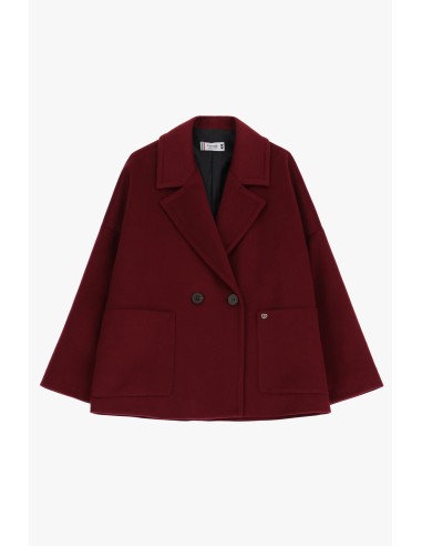 Please Femme, manteau court croisé, oversize, en drap coloris bordeaux