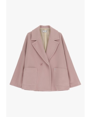 Please Femme, manteau court croisé, oversize, en drap coloris rose cipria