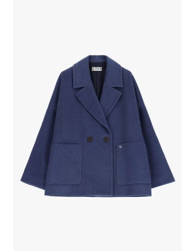 Please Femme, manteau court croisé, oversize, en drap coloris bleu denim