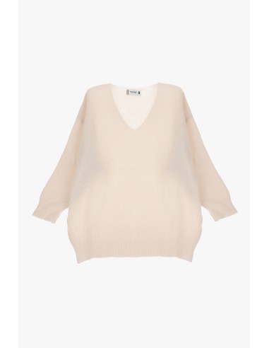 Pull Oversize Col V Femme Please en Laine Alpaga Melangee Ecru Panna