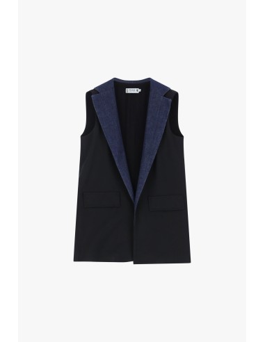 Please Gilet Long noir a revers jean