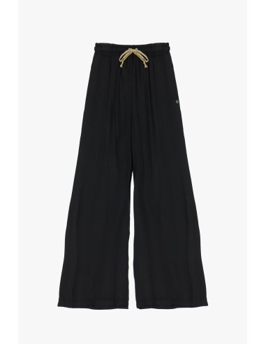 Please Pantalon forme Palazzo a taille coulissée en Satin Noir