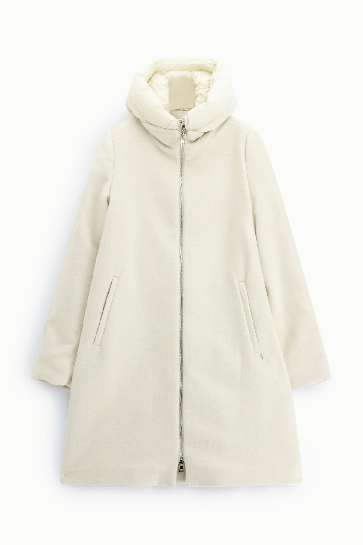 Manteau femme en laine mélangée à plastron matelassé – capuche, coloris écru – Please
