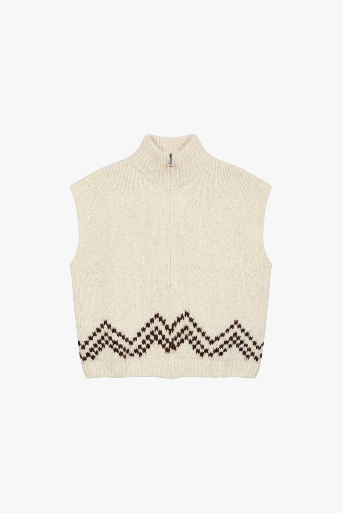 Gilet sans manches femme à col camionneur, jacquard zigzag écru – Please