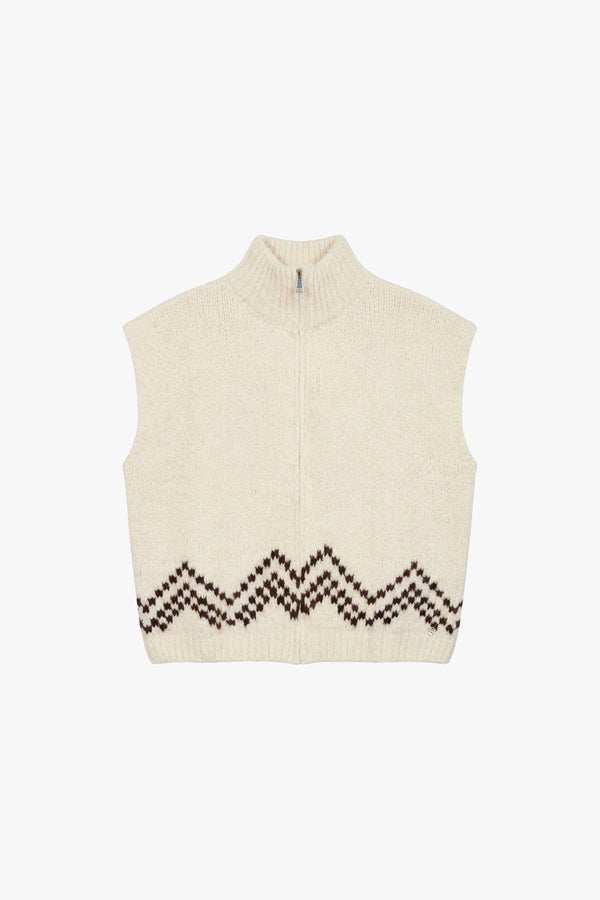 Gilet sans manches femme à col camionneur, jacquard zigzag écru – Please