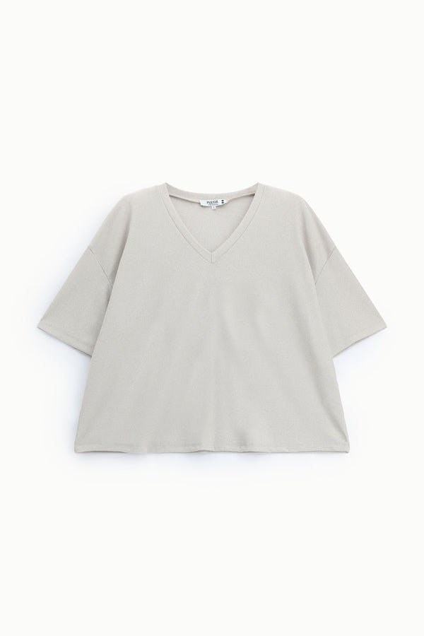 T-shirt femme ample col V en maille brillante, coloris champagne – Please