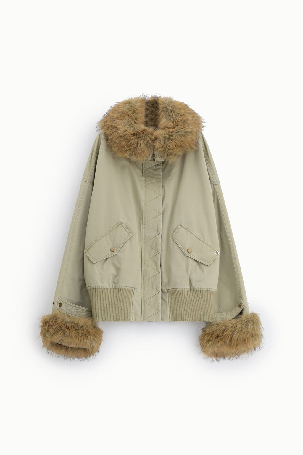 Blouson aviateur femme oversize, col et poignets fausse fourrure, beige – Please