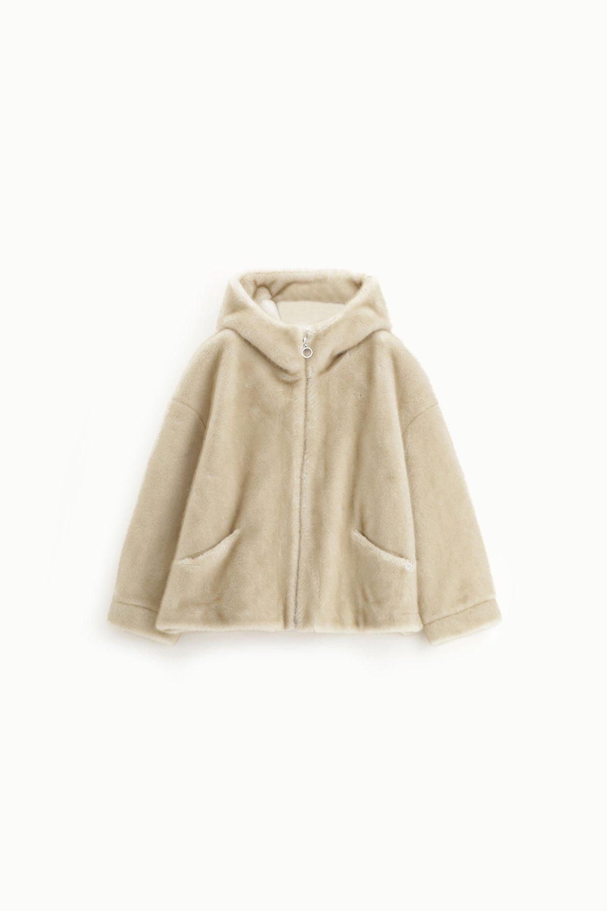 Veste fausse fourrure femme à capuche – fermeture zippée, coloris beige – Please