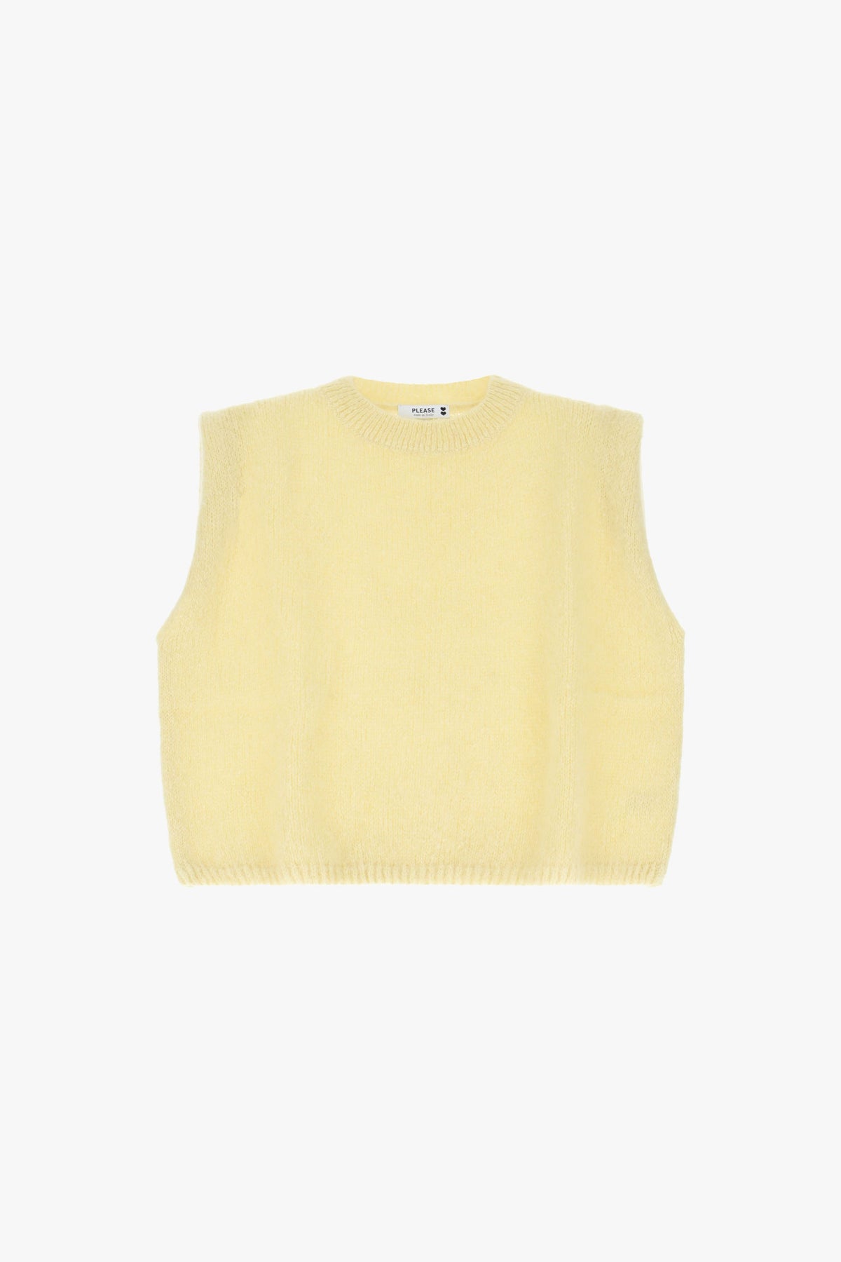 Pull sans manches femme à épaules structurées – maille mohair, packshot, coloris jaune pâle – Please