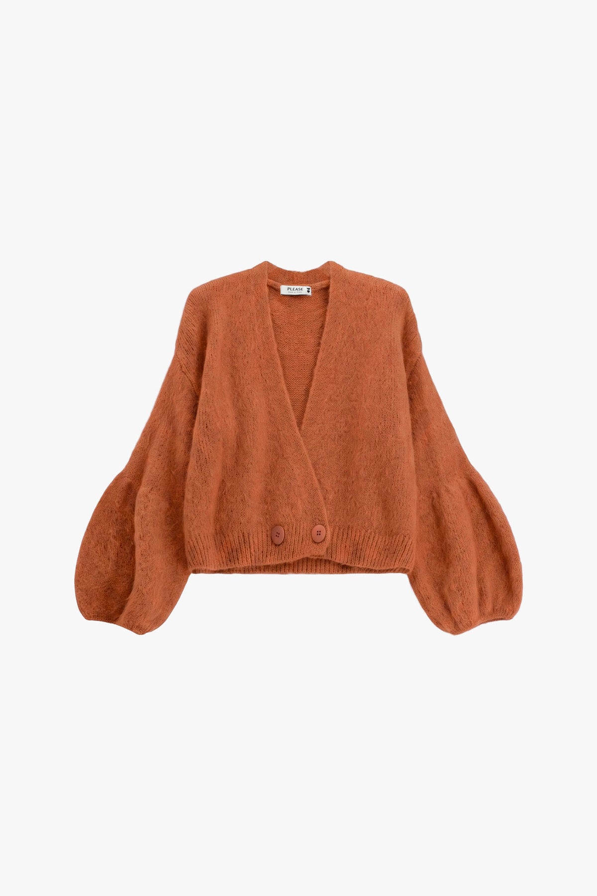 Cardigan court femme à manches volumineuses, packshot, coloris ocre – Please