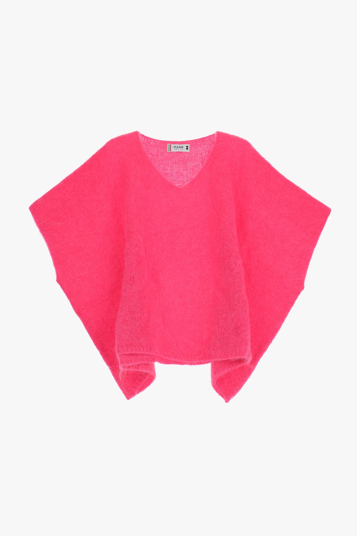 Pull poncho femme à col V – maille mohair, packshot, coloris rose vif – Please