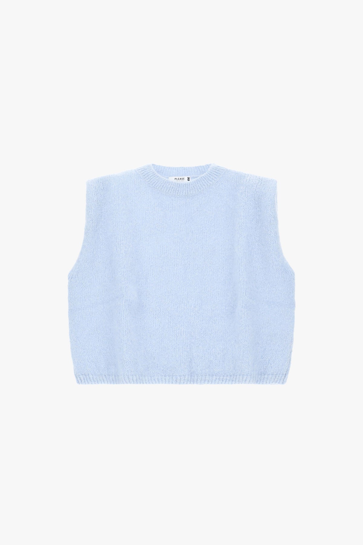 Pull sans manches femme à épaules structurées, maille mohair bleu ciel – Please