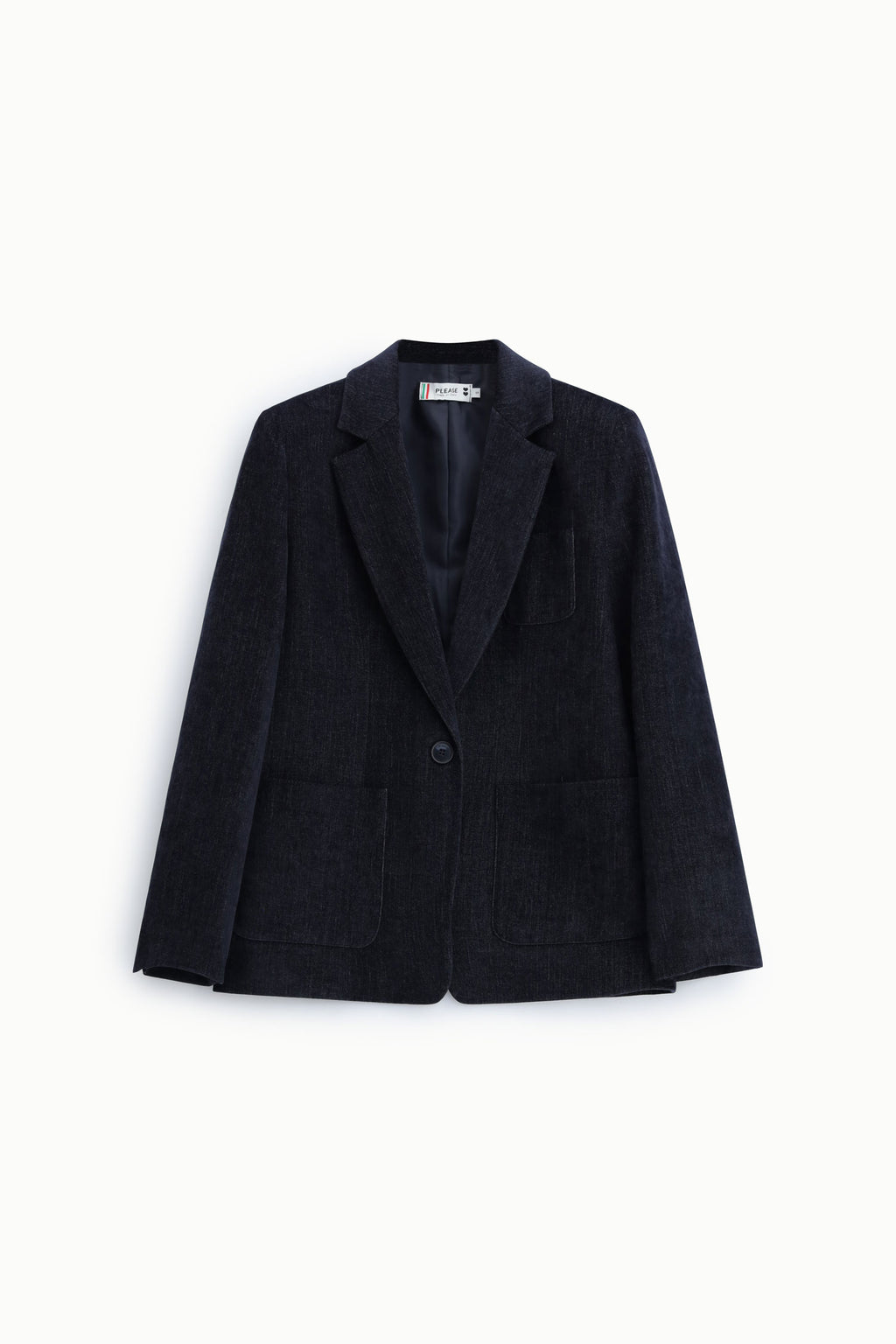 Blazer droit femme à poches plaquées – épaules structurées, coloris bleu marine – Please