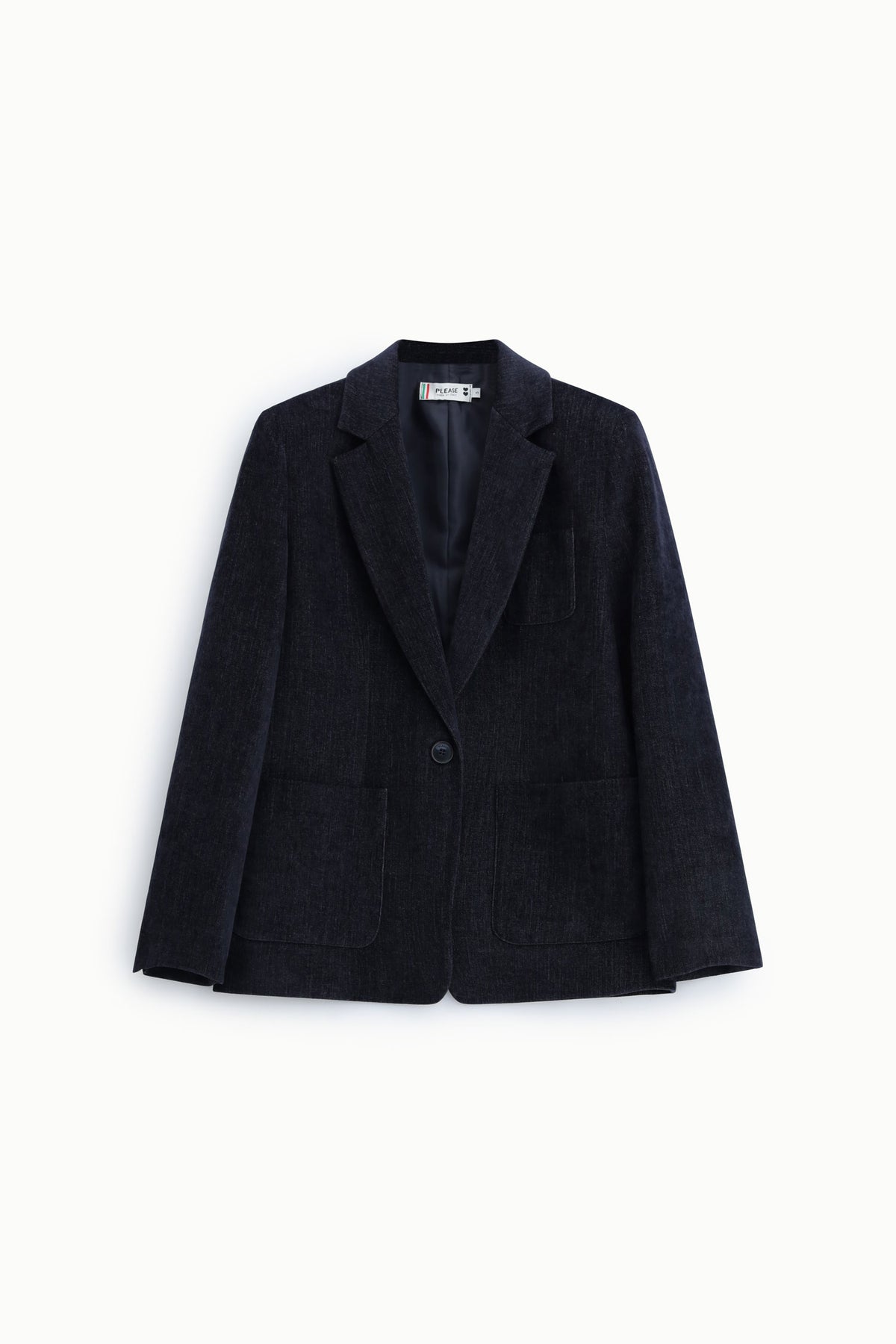Blazer droit femme à poches plaquées – épaules structurées, coloris bleu marine – Please