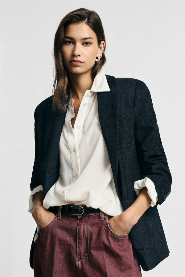 Blazer droit femme à poches plaquées – épaules structurées, coloris bleu marine – Please