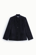 Veste femme col officier à boutonnage simple – toile effet denim, coloris bleu marine – Please
