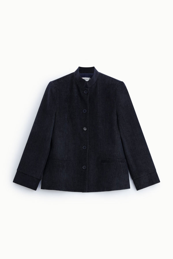 Veste femme col officier à boutonnage simple – toile effet denim, coloris bleu marine – Please