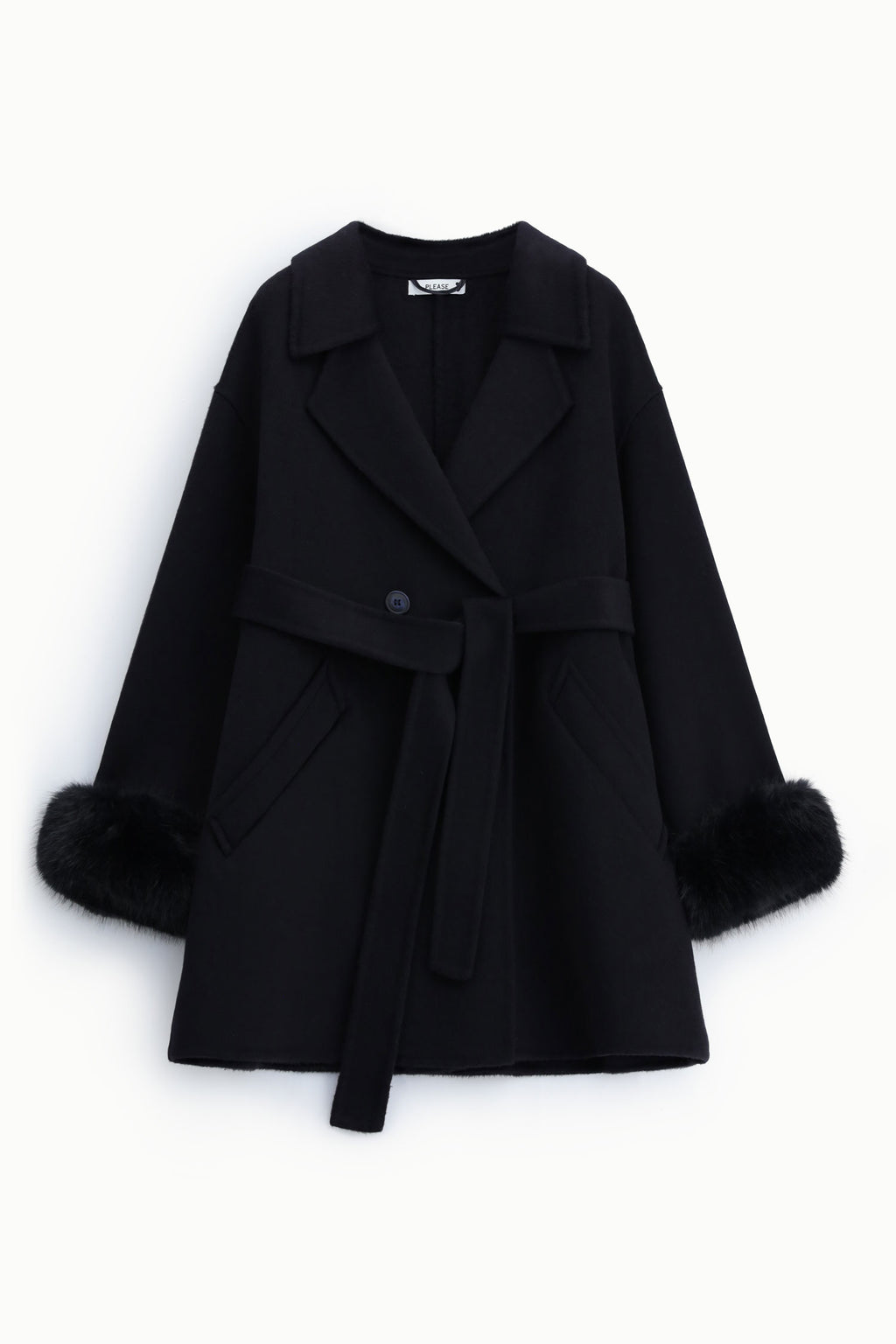 Manteau croisé femme ceinturé – poignets en fausse fourrure, coloris bleu marine – Please