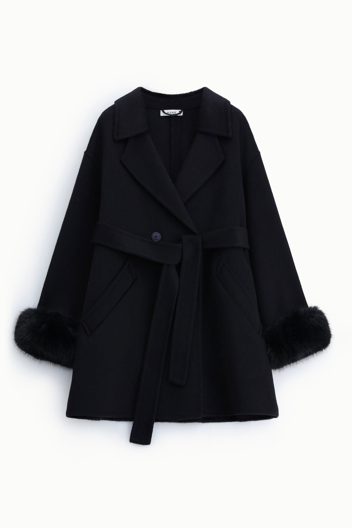 Manteau croisé femme ceinturé – poignets en fausse fourrure, coloris bleu marine – Please