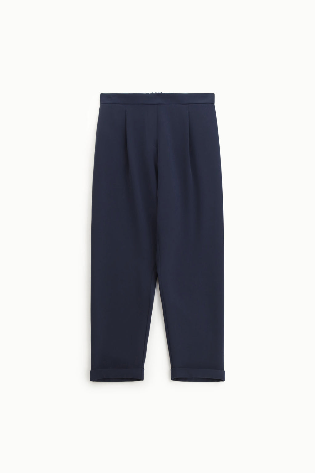 Pantalon fluide forme carotte en crêpe -, coloris bleu marine – Please