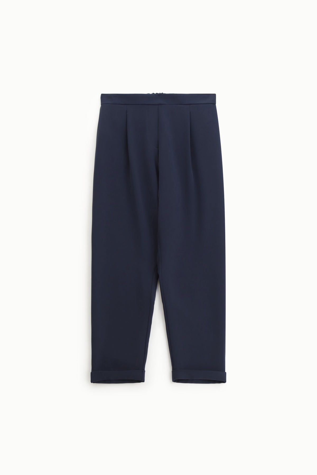 Pantalon fluide forme carotte en crêpe -, coloris bleu marine – Please