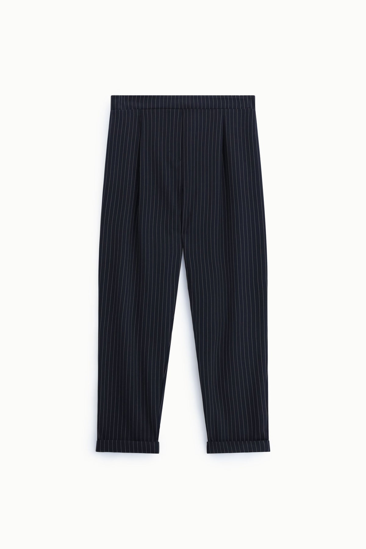 Pantalon carotte femme à fines rayures – pinces, bas à revers, coloris bleu marine – Please