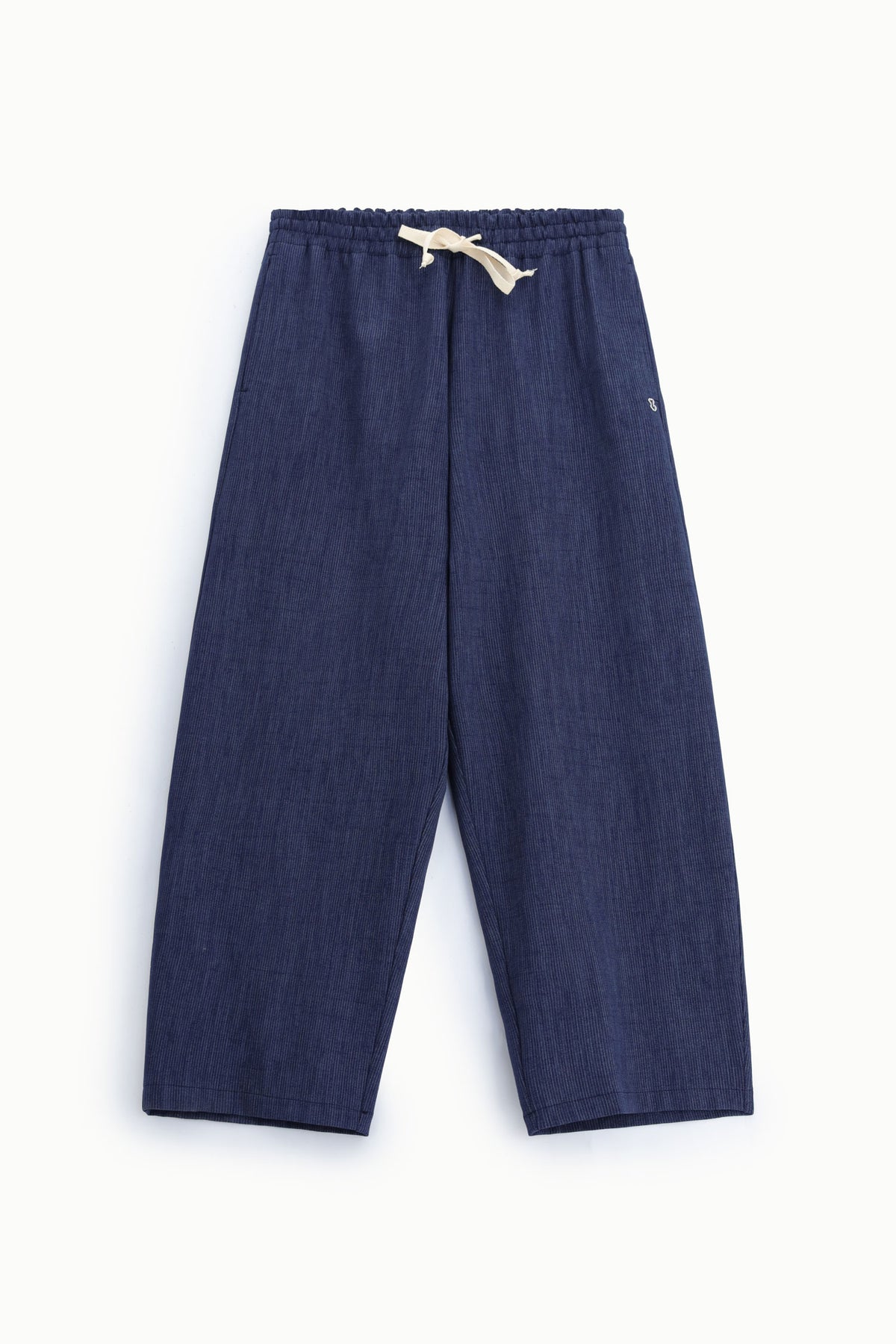 Pantalon large femme à taille élastique, toile effet denim bleu marine – Please