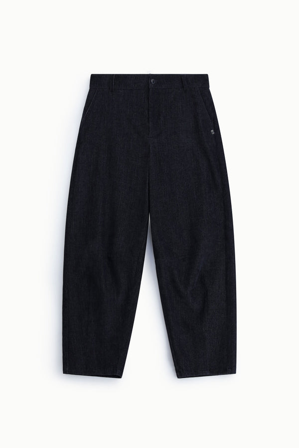 Pantalon balloon femme taille haute – toile effet denim, coloris bleu marine – Please