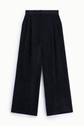 Pantalon palazzo à pinces femme taille haute – toile effet denim, coloris bleu marine – Please