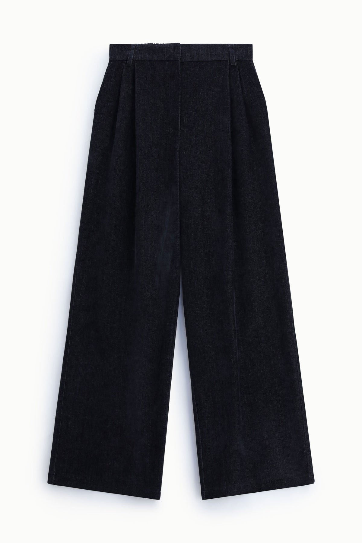 Pantalon palazzo à pinces femme taille haute – toile effet denim, coloris bleu marine – Please