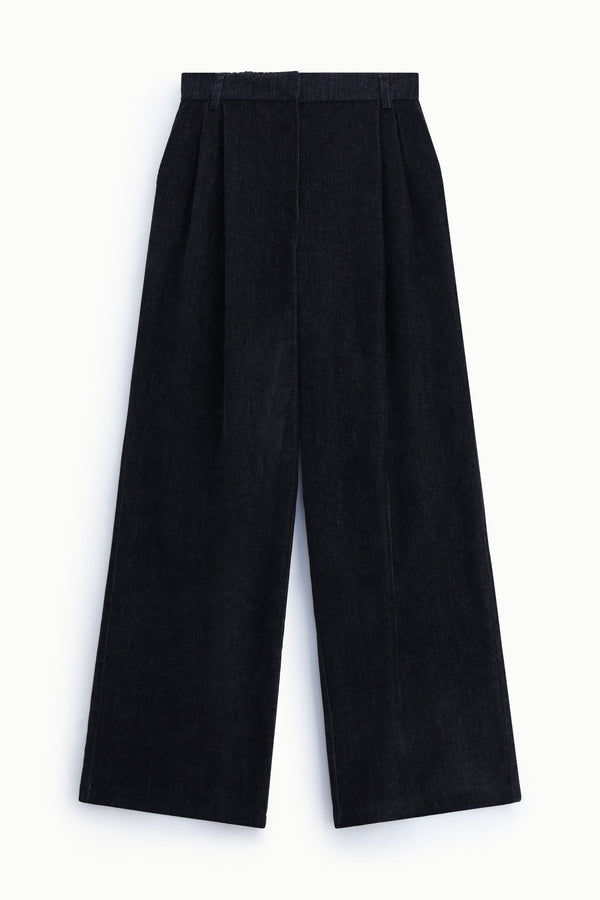 Pantalon palazzo à pinces femme taille haute – toile effet denim, coloris bleu marine – Please