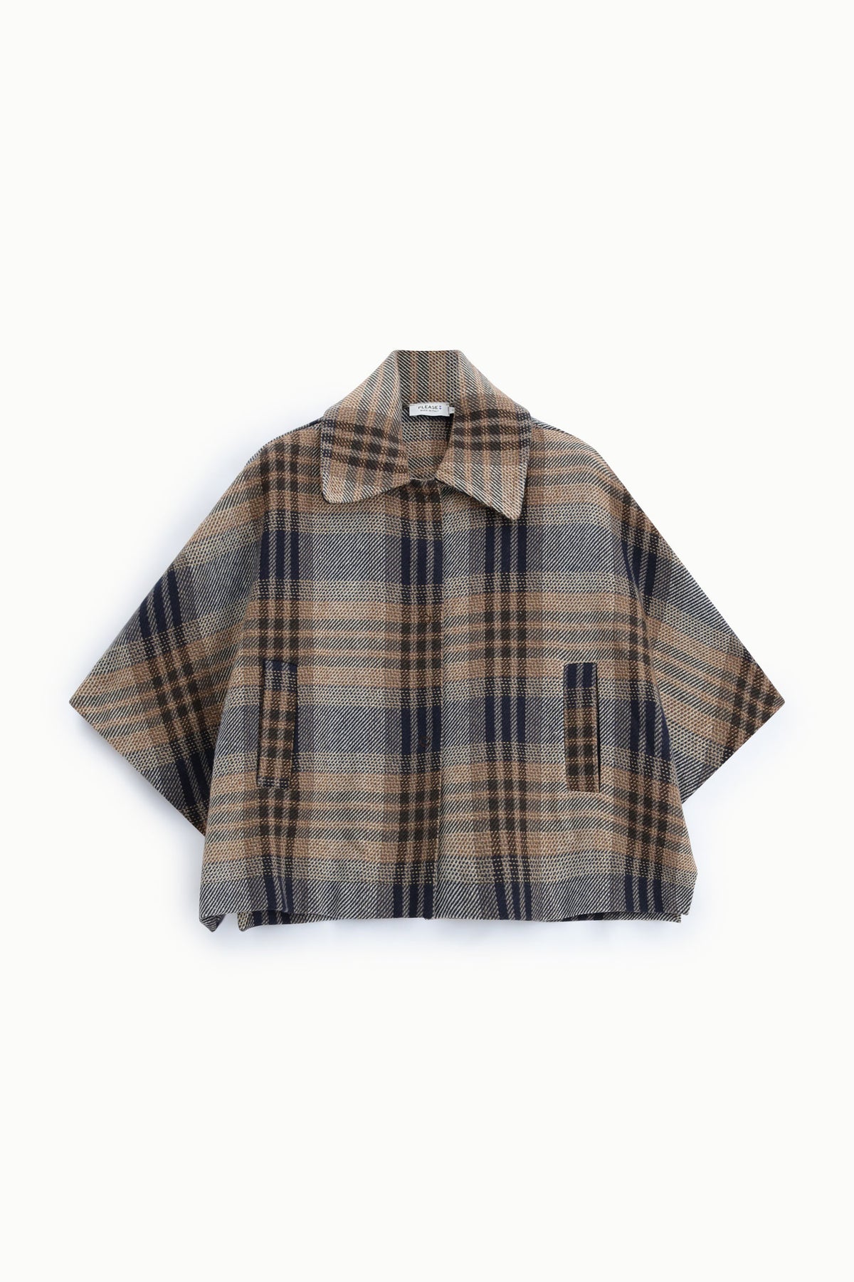 Poncho femme à col chemise, grands carreaux bleu marine – Please