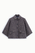 Veste courte femme manches amples, tweed pied-de-poule bleu marine – Please