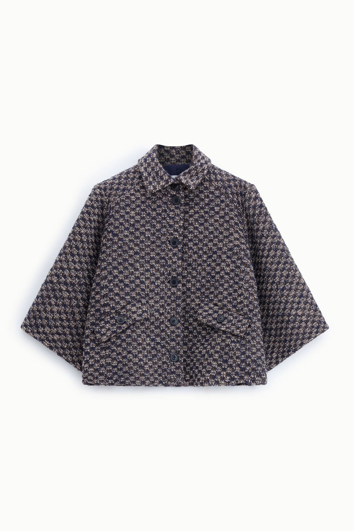 Veste courte femme manches amples, tweed pied-de-poule bleu marine – Please