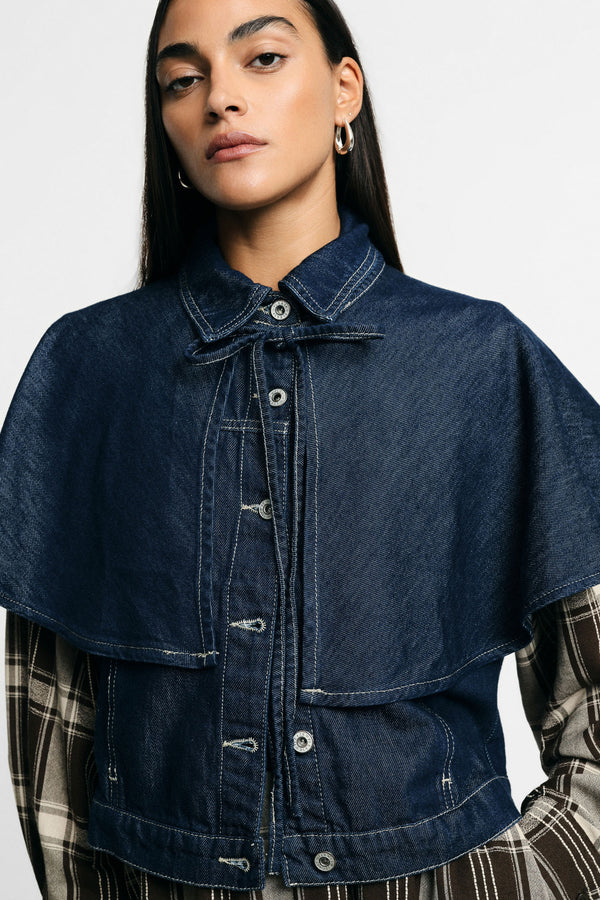 Gilet court en denim manches cape Bleu denim Please
