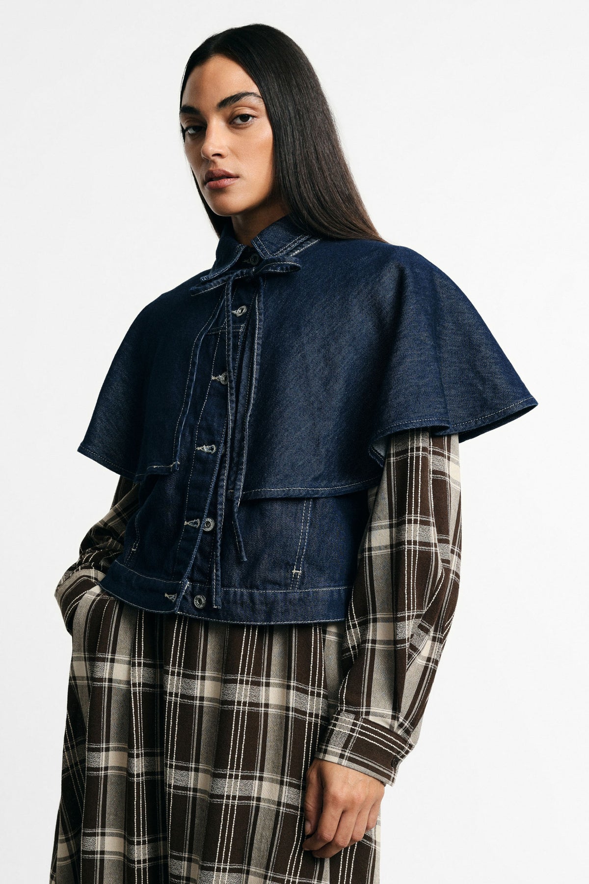 Gilet court en denim manches cape Bleu denim Please