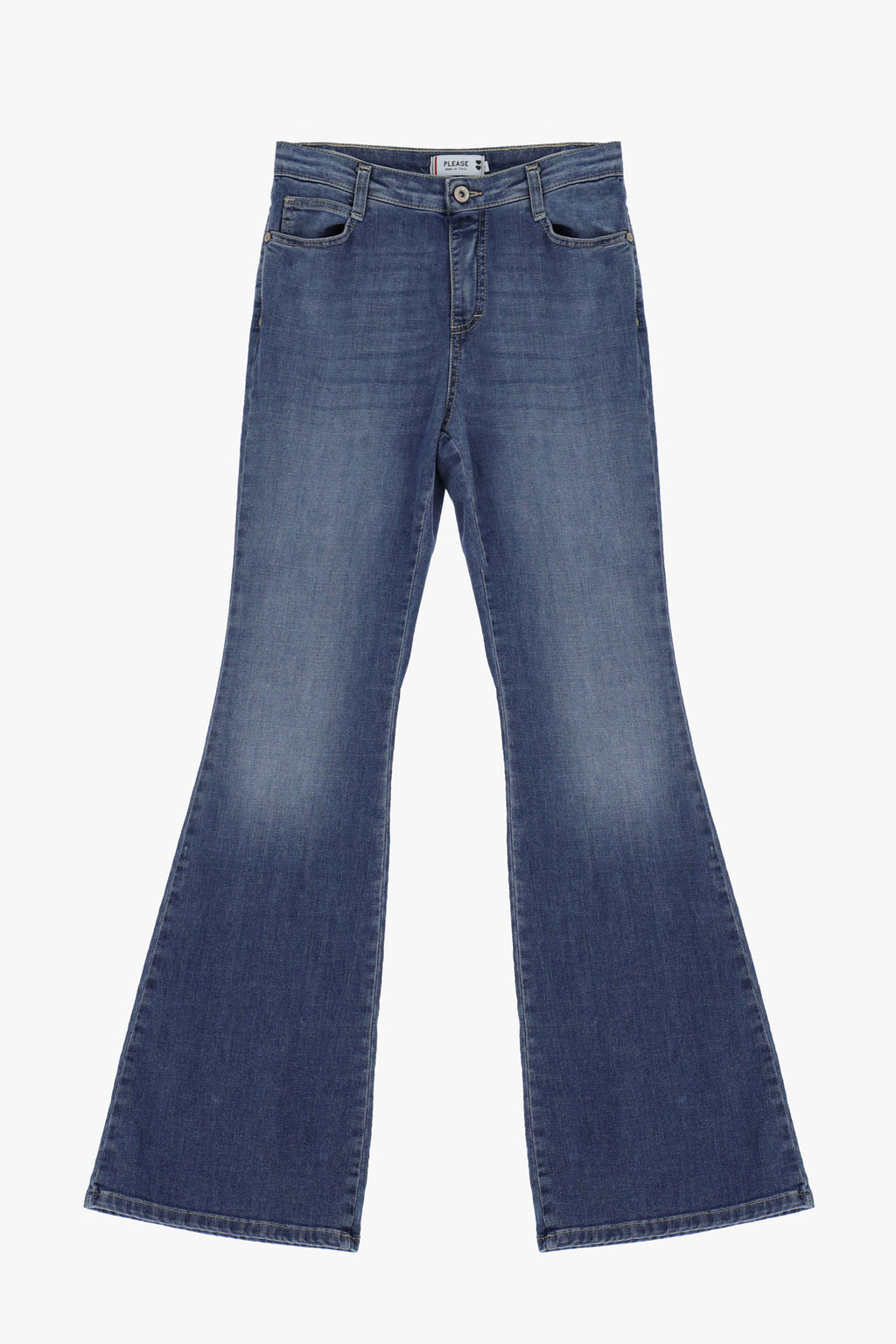 Jean flare femme cinq poches – délavage moyen, coloris bleu denim – Please