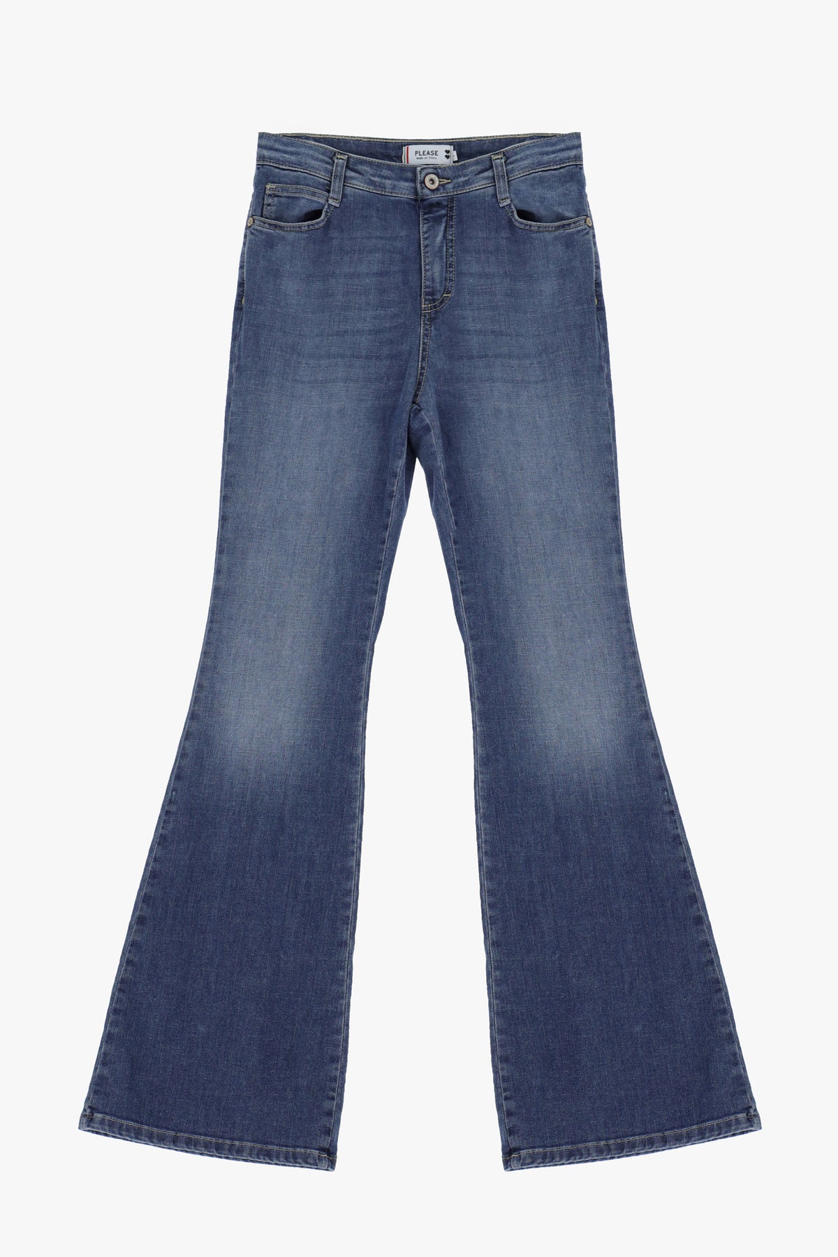 Jean flare femme cinq poches – délavage moyen, coloris bleu denim – Please