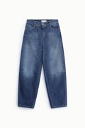 Jean balloon femme à coutures genoux – délavage moyen, coloris bleu denim – Please